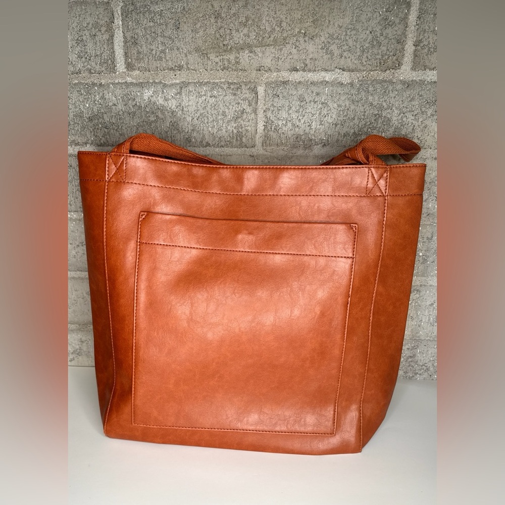 Cognac PU Leather Tote Bag Large Work Laptop Purse Snap closure